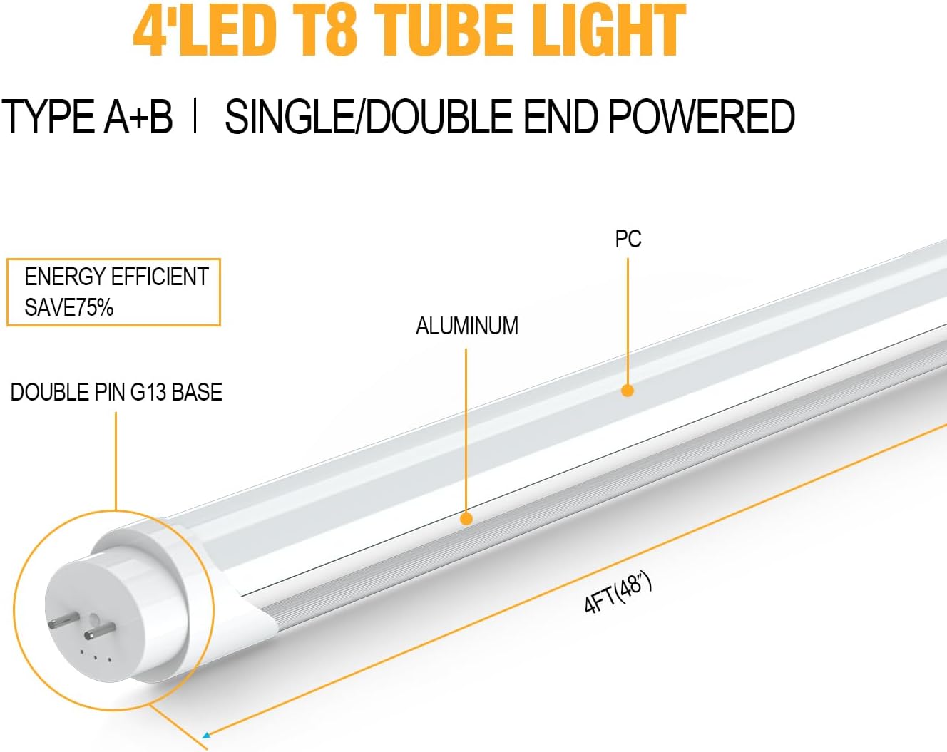 T8 T12 LED Tube Light Bulbs 4 Foot, 5 Power(10W-24W)& 6CCT(3000K-6500K) All in 1, Plug & Play or Ballast Bypass, T8 4ft Fluorescent Replacement, Durable Type A B Light Tube, ETL DLC (6Pack)